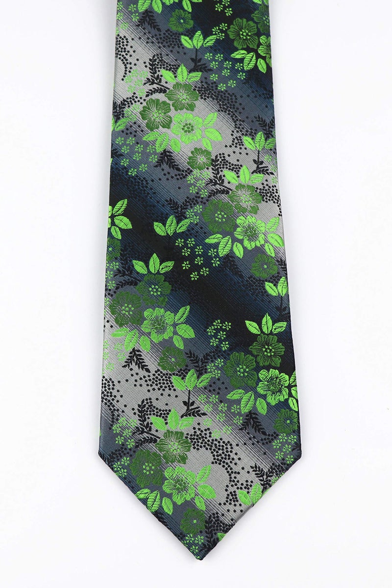 Secdtie Mens Bright Green Silver Black Tie Woven Silk Microfiber Paisley Necktie - Image 5